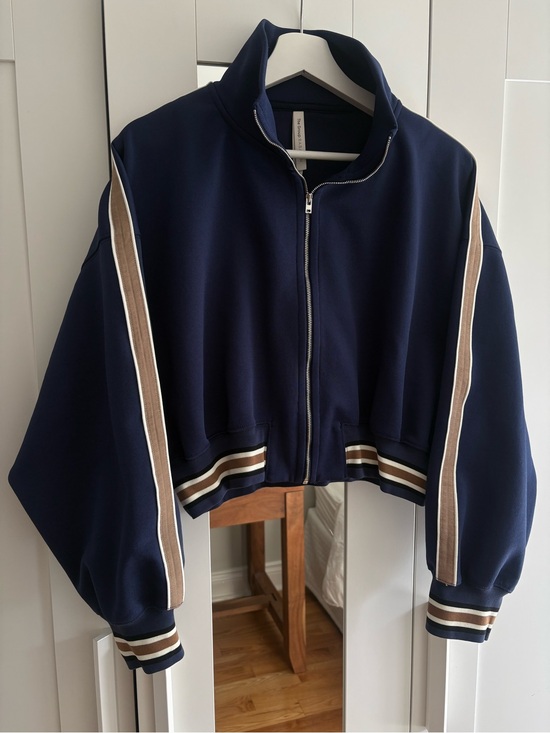 Babaton Sweaters - Aritzia Babaton Cropped Oversized Navy Track Jacket with Stripe Detail